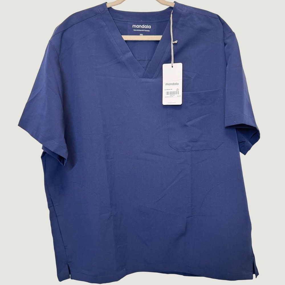 Mandala Mens Scrub Top 2XL Navy Blue 3-Pocket V-Neck Equa-Tek Medical Nursing